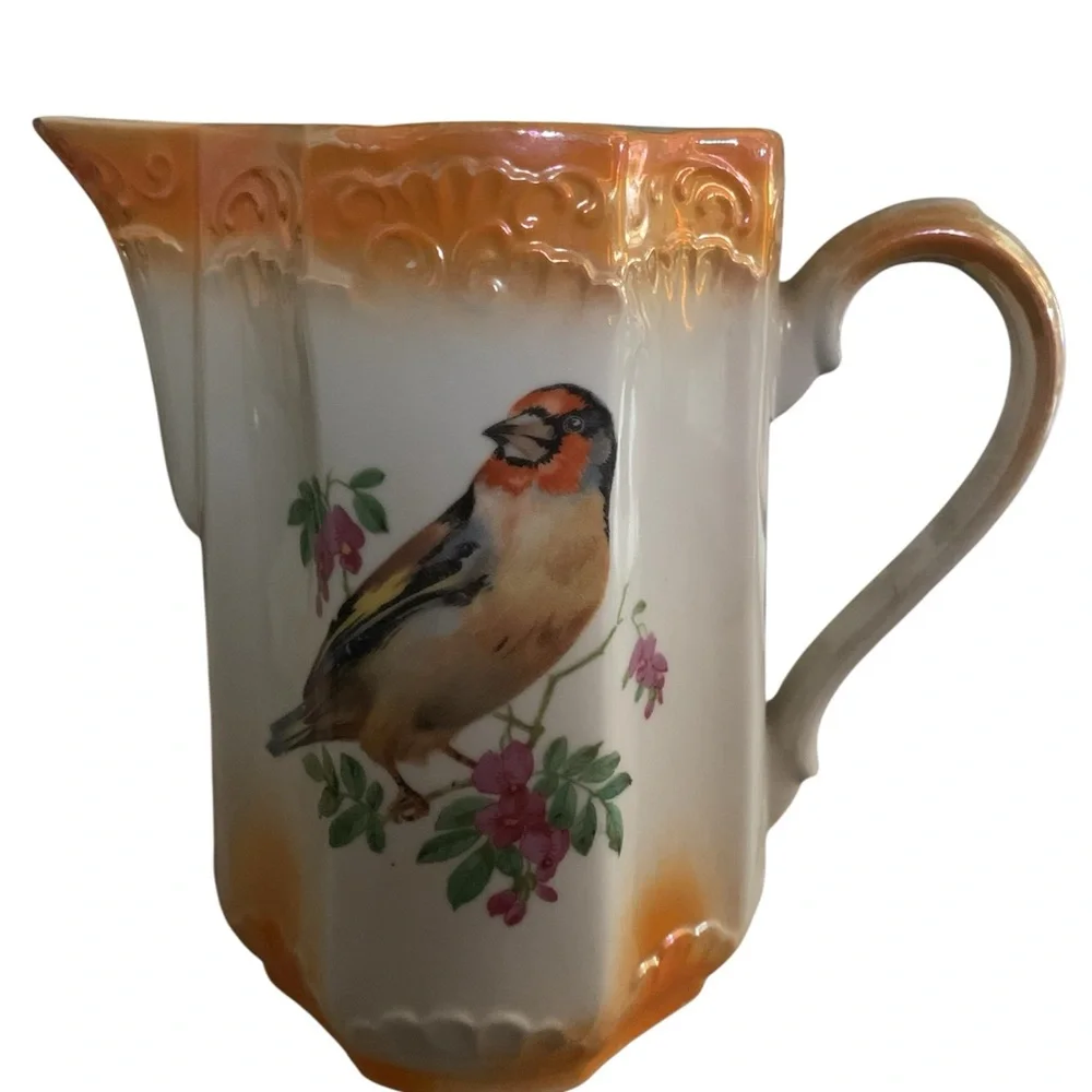 Vintage German Porcelain Pitcher‎ 6 3/4” Features Golden Finch And Butterfly